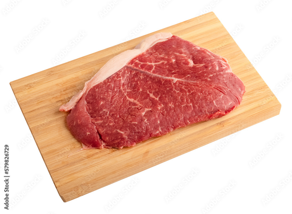 Fresh beef steak on a wooden cutting board. Isolated object on a transparent background. view from above Fresh beef steak on a wooden cutting board. Isolated object on a transparent background. view from above
