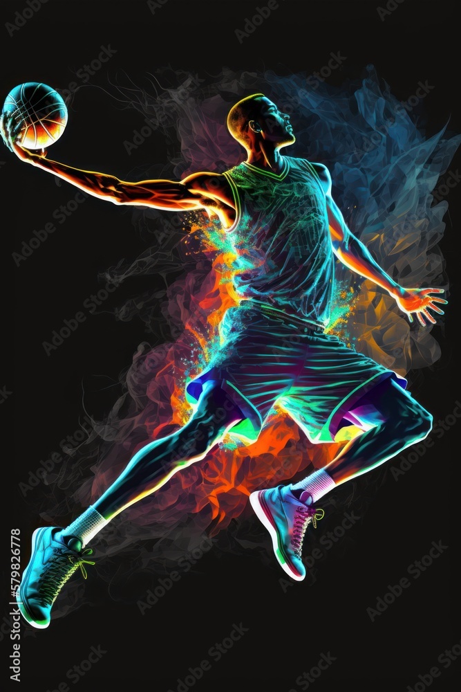 Silhouette basketball neon light, player slam dunk, basketball court