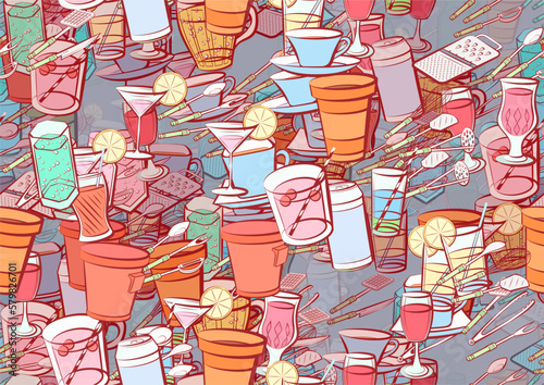 Background pattern abstract design texture. Seamless. Cutlery and Drinks. Theme is about , forceps, meat fork, drinking tube, cup, Cup, stand, scoop, spatula, knife, beer, grater, cardboard