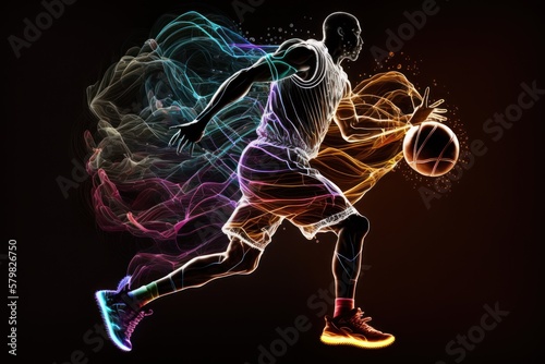 Silhouette basketball neon light, player slam dunk, basketball court, Neon light basketball player silhouette, dunk in neon, basketball hoop, GENERATIVE AI © nishihata