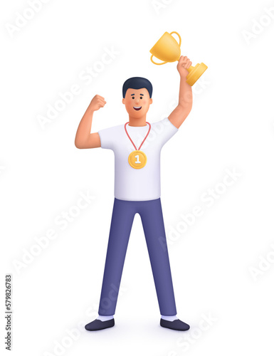 Young smiling man champion holds golden winner cup, awarded with prize, win award. Concept of goal achievement celebration. 3d vector people character illustration. Cartoon minimal style.