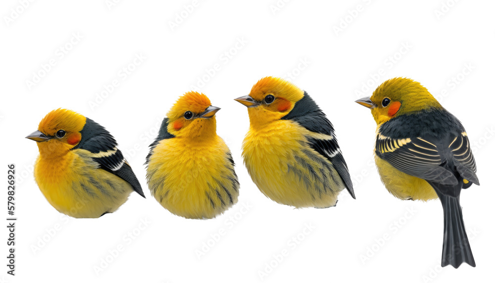 isolated western tanager birds group, macro, png, transparent background, spring, summer, flying bird, vertical, horizontal, close up, Piranga ludoviciana, generative ai