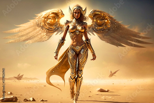 bela deusa mulher sexy com asas de anjo guerreira dourada , simbolo de sensualidade e properidade 