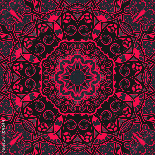 Seamless tile texture. Tracery mehndi design image. Dark toxic colors. Ethnic doodle art. Curved doodling picture. Vector