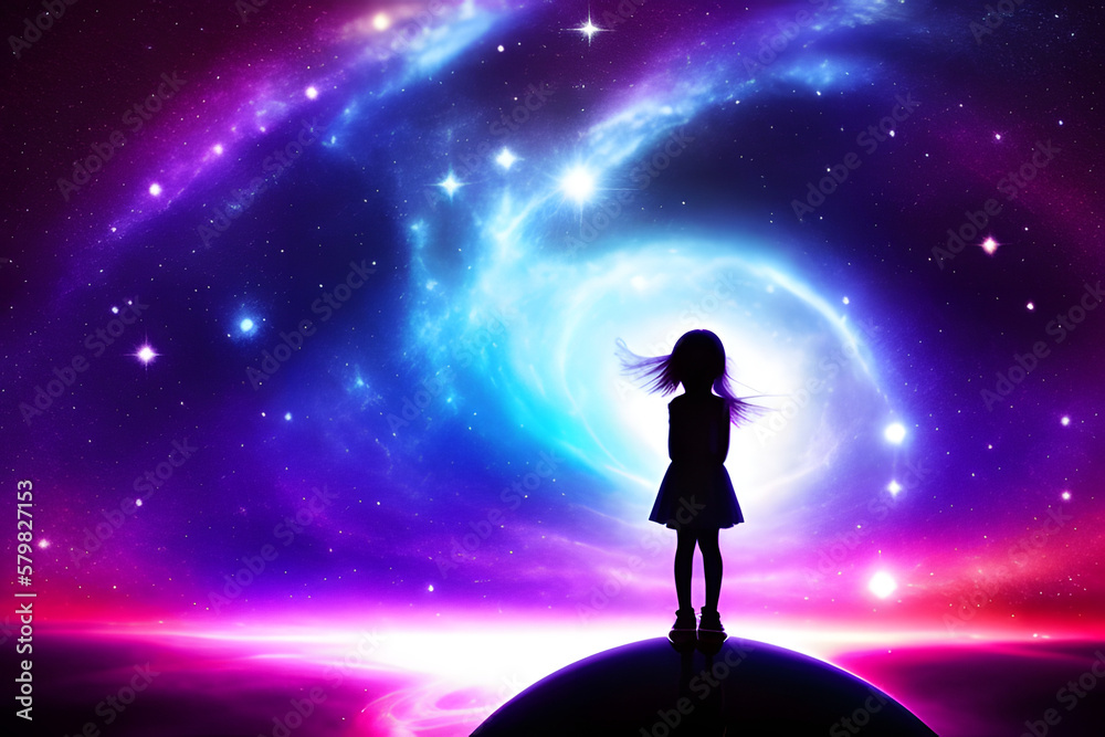 Abstract Little Girl Imagining Other Worlds In A Center Of A Glowing Galaxy