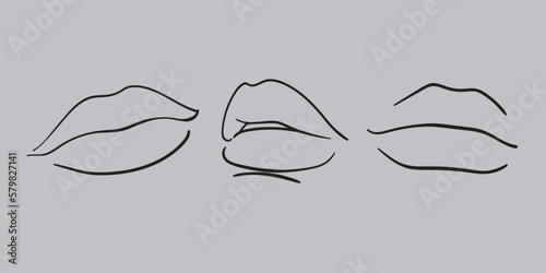 Set fashion lips line drawing on gray background. Outline Vector illustration