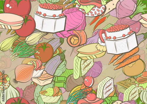 Background pattern abstract design texture. Seamless. Health food and Snacks. Theme is about dye, cob, cooking, the harvest, fetus, caramel, salad, slice, snack, mini cake, satiety, nutritious