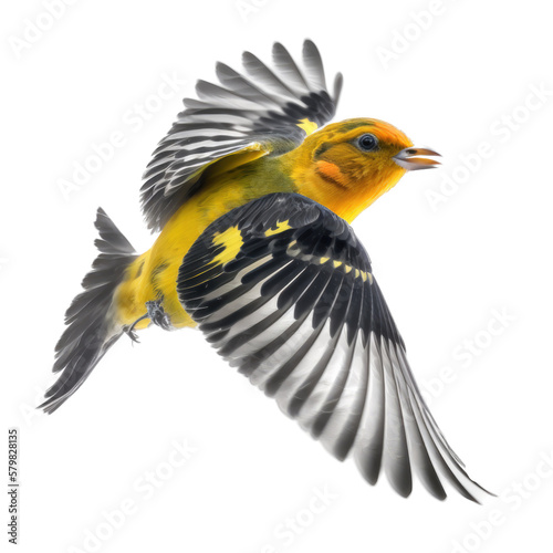 isolated western tanager bird in flight, macro, png, transparent background, spring, summer, flying bird, vertical, horizontal, close up, Piranga ludoviciana, Generative AI