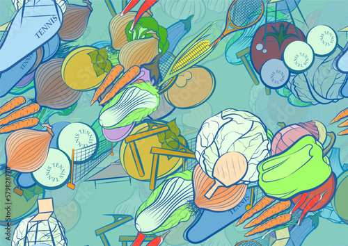 Background pattern abstract design texture. Seamless. Tennis and Health food. Theme is about Caucasian, whole onion, balls, table, spring onions, washed, hot peppers, the harvest, heads