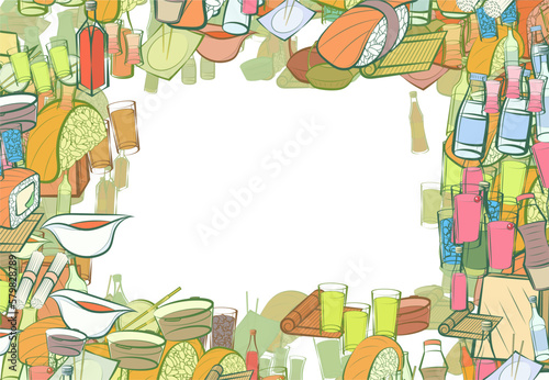 Background pattern abstract design texture. Japanese food and Alcohol. Border frame, transparent background. Theme is about bamboo mat, sauce cup, soy sauce, strong alcohol, for the holiday