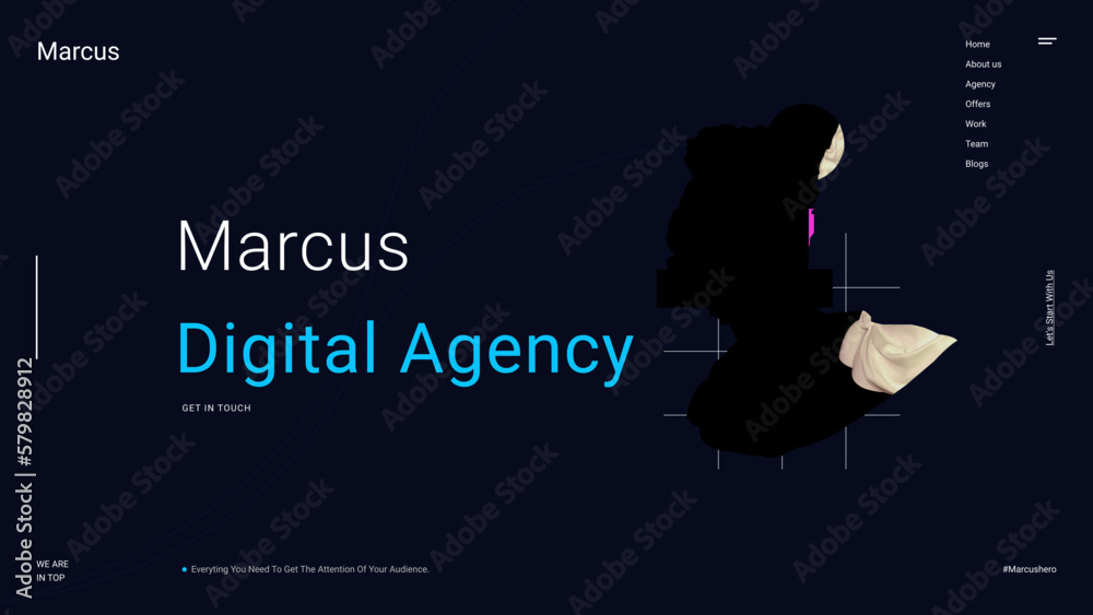 A poster for digital agency with a statue of a woman's head in the background.