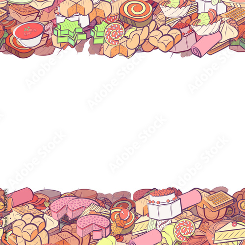 Background pattern abstract design texture. Snacks and Bakery products. Horizontal seamless stripes. Border frame, transparent background. Theme is about fish, star, stuffed cabbage, lettuce leaf
