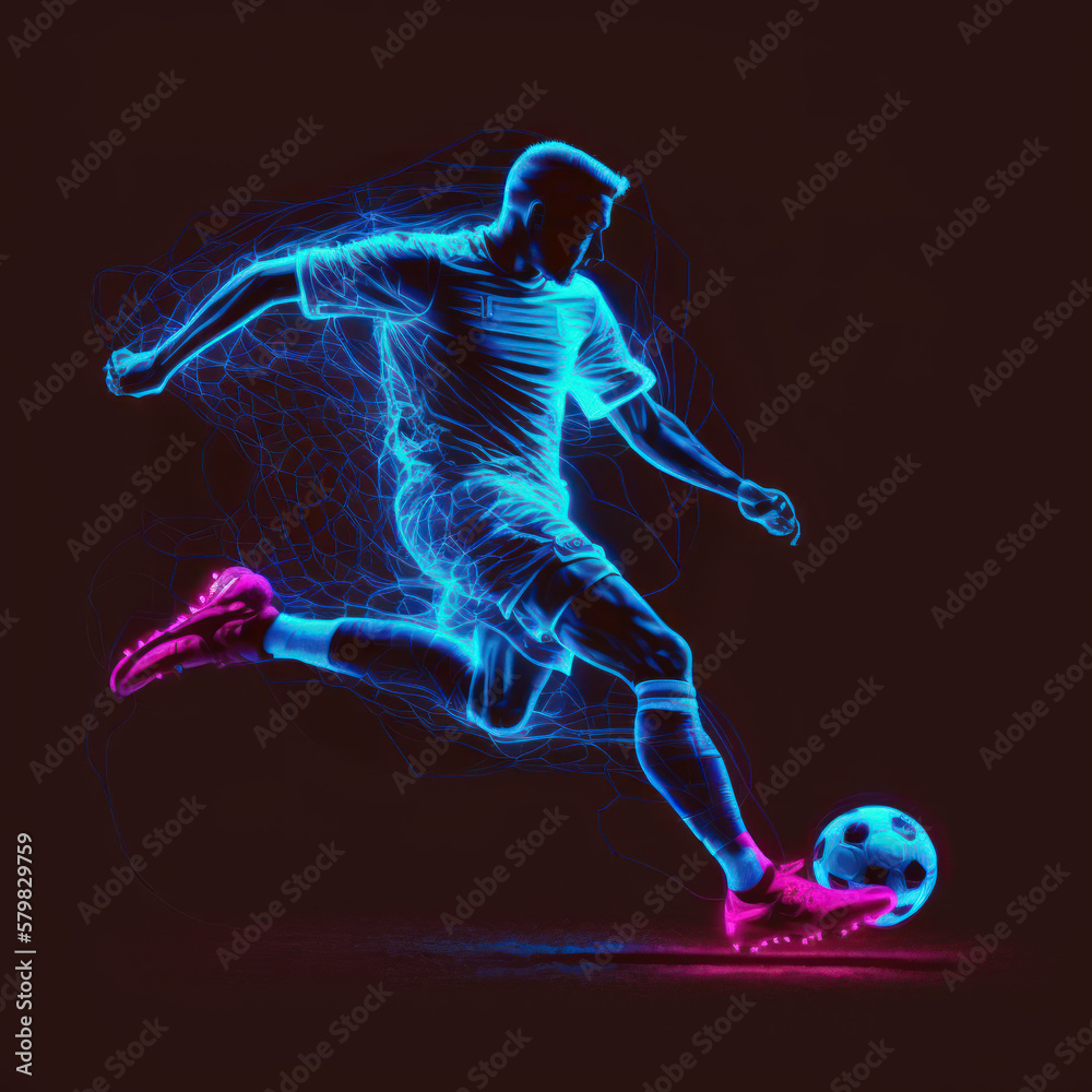 neon light, soccer player, silhouette, athlete, soccer player, victory, GENERATIVE AI