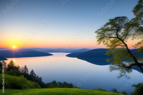 Quet landscape with Lake and sky at dawn photo