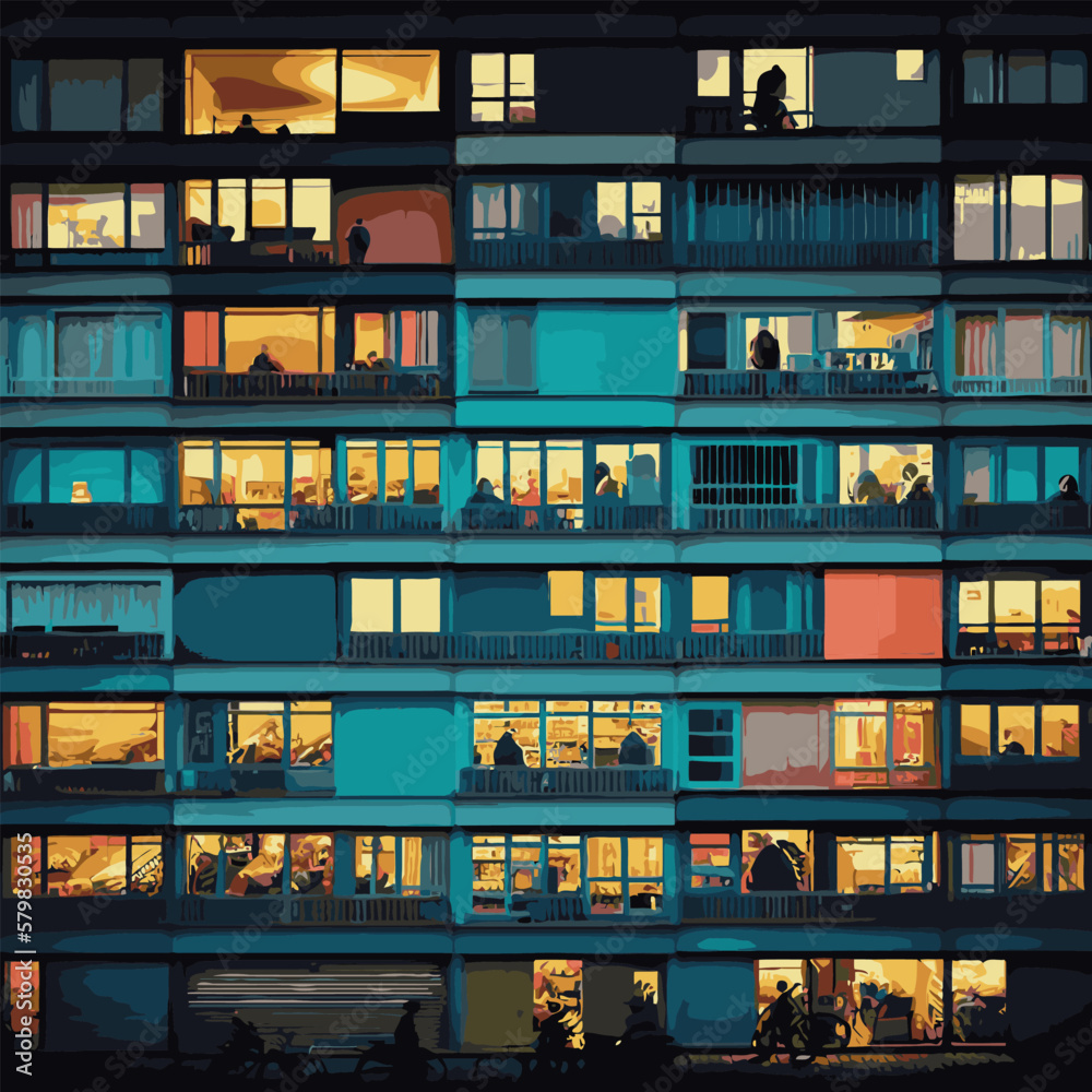 Apartment building in the evening with lighting in the apartments Apartment building in the evening with lighting in the apartments