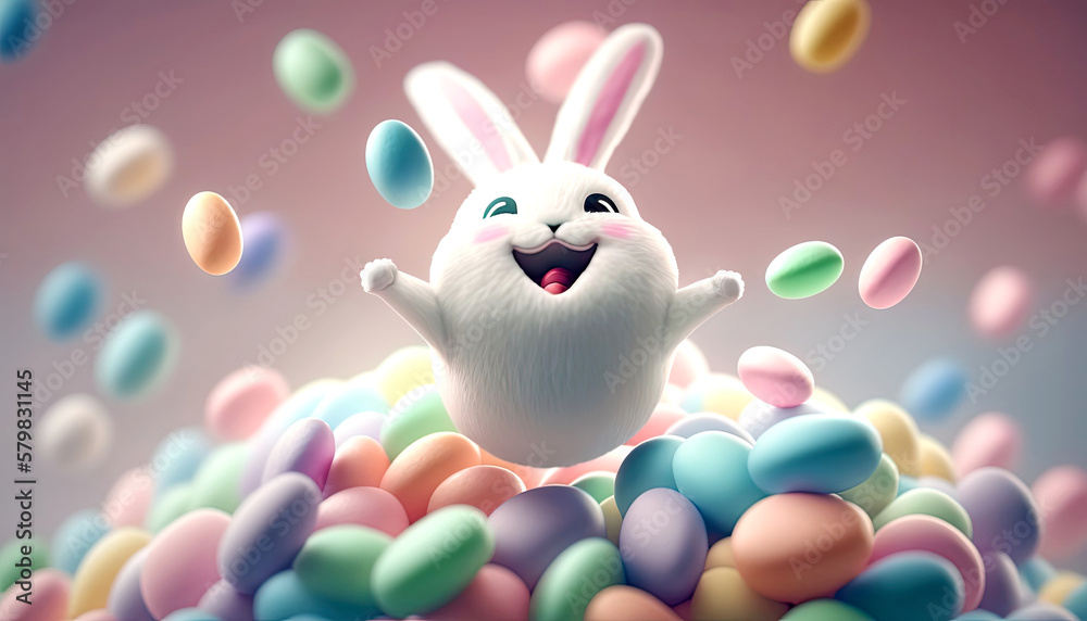 Cute smiling Easter bunny jumping up from pile of colorful Easter eggs. Concept design of Easter eggs hunt. Created with Generative Ai Cute smiling Easter bunny jumping up from pile of colorful Easter eggs. Concept design of Easter eggs hunt. Created with Generative Ai