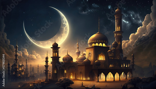 Mosque on mystic night background with large crescent, stars and clouds. Suitable for Ramadan Kareem celebration banner, greeting card or other design. Generative AI