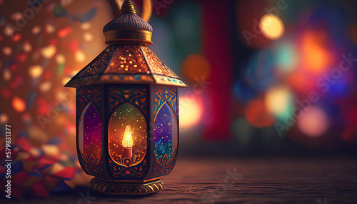 Glowing arabic multi colored lantern or fanous aginst night background with bokeh. Suitable for the banner, greeting card design, Ramadan Kareem or other holidays and events. Generative AI