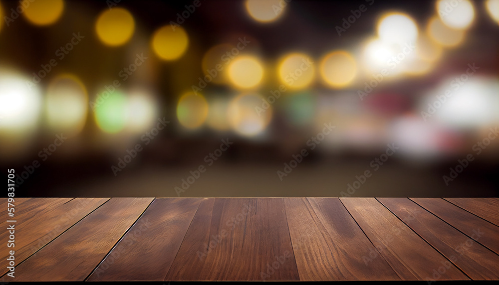 Empty wooden table with bokeh background. Generative AI