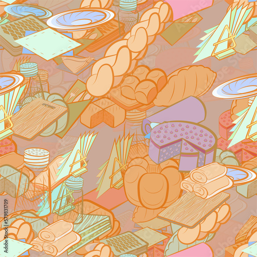 Background pattern abstract design texture. Seamless. Table setting and Bakery products. Theme is about cake, folded, biscuit, bread, sennit, fork, board, napkin, pancakes, table set, napkins