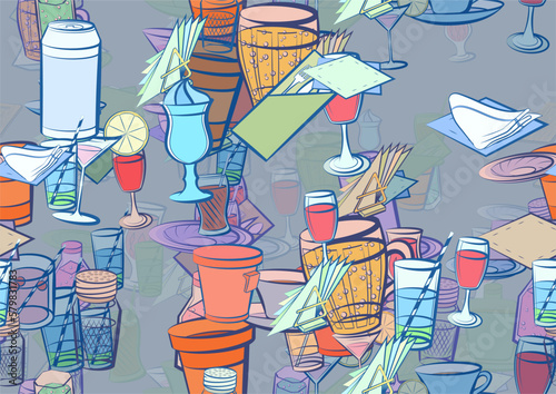 Background pattern abstract design texture. Seamless. Drinks and Table setting. Theme is about cherries, wine, Cup, spoon, glass, aluminum, salt shaker, kvass, fork, lemon, soda can, drinking tube