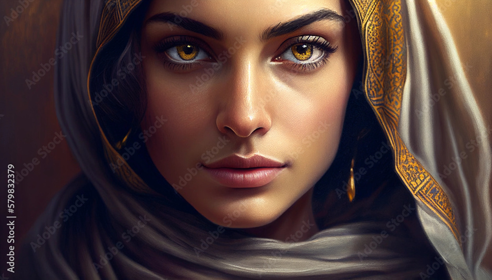 Closeup portrait of an arabian woman with golden eyes and a headscarf - obrazy, fototapety, plakaty 