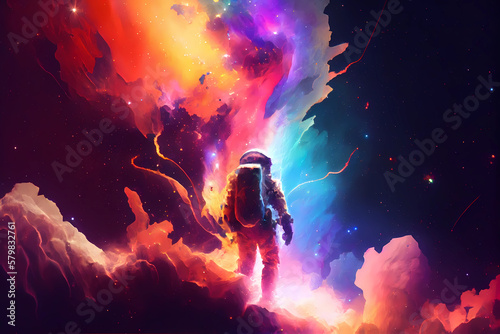 An astronaut explodes through a colorful nebula, Generative AI