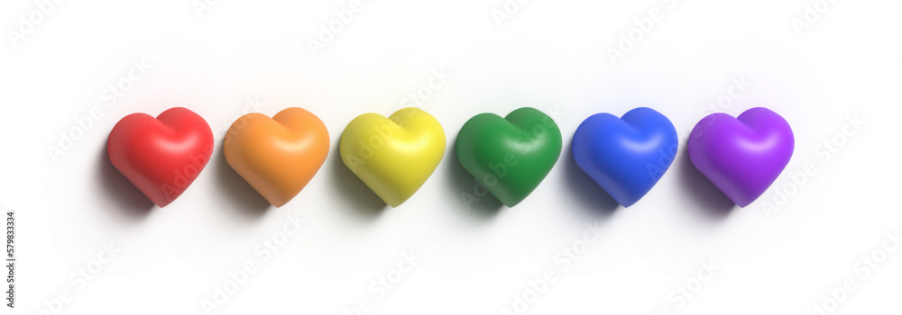 3d render of a set of colorful hearts. Vector Illustration of Hearts in LGBTQ+ Pride Flat Colours. Rainbow Hearts Banner for Pride Month isolated on white background. Gay Pride Hearts Design Element - obrazy, fototapety, plakaty 