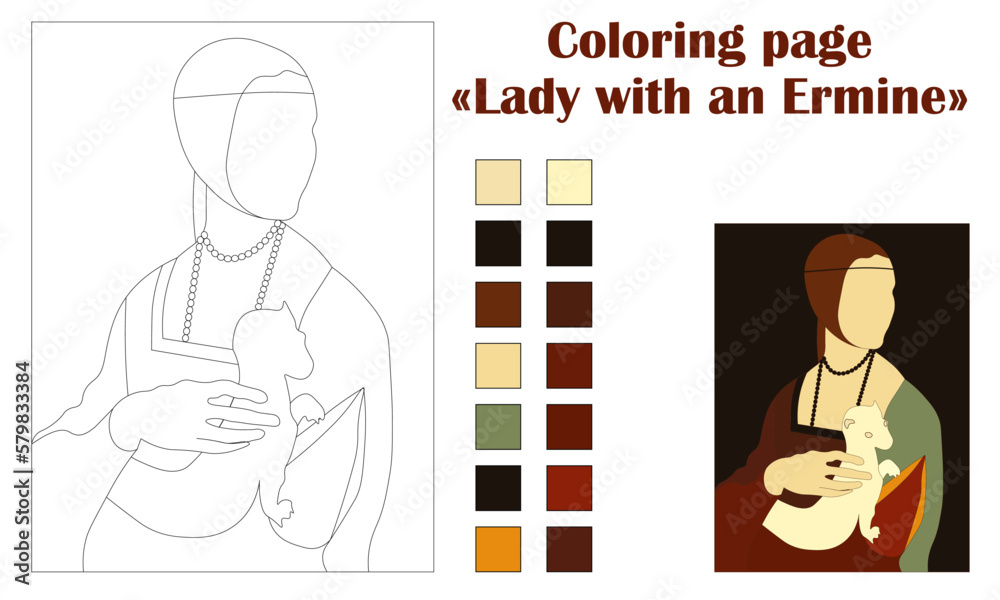 Coloring page Lady with an Ermine - obrazy, fototapety, plakaty 