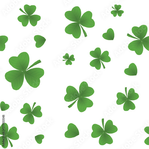 Vector seamless clover pattern. Clover pattern for Saint Patricks Day. Clover pattern with three and four leaf. Chaotic shamrocks pattern.