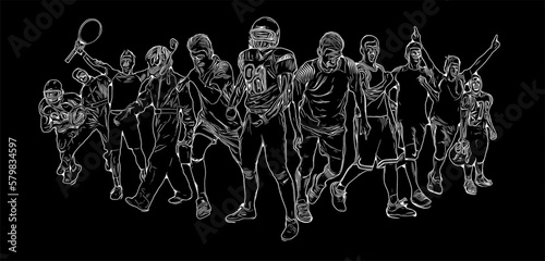 multisport vector on black. players in basketball, football, soccer, tennis, baseball, racers together in a collective drawing.