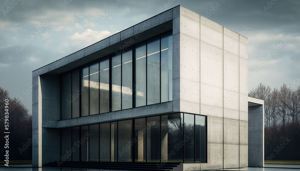 Fototapeta premium Modern office building with large windows. Generative AI illustration.