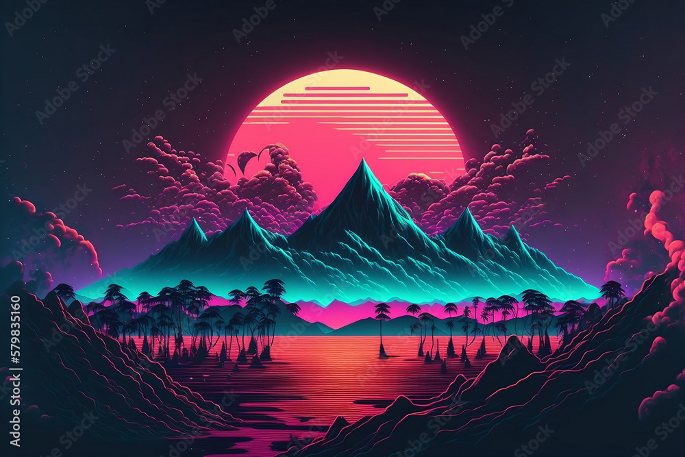 Synthwave magical landscape. Illustration in pink, black and blue colors. Graphics from the 80s. Mountains, sun and starry sky in the background. Generative AI.