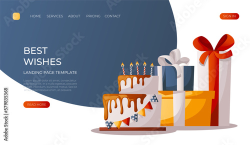 Landing page with festive cake chocolate with burning candles, bunch of gift boxes in wrapping paper. Birthday party, celebration, holiday, event, bakery, tasty food concept. Vector for banner, web