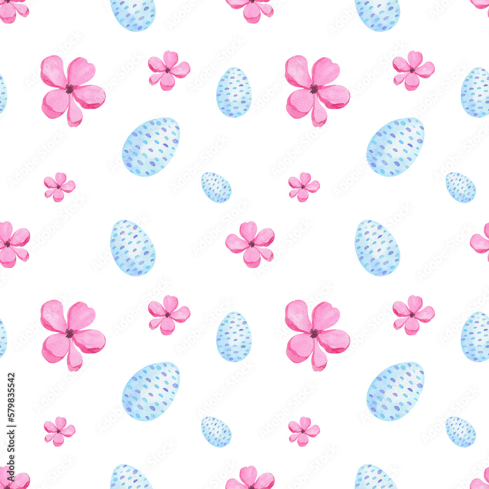 Hand painting watercolor blue Easter eggs and pink flowers seamless pattern isolated on white background. Colorful illustration. Hand painting watercolor blue Easter eggs and pink flowers seamless pattern isolated on white background. Colorful illustration.