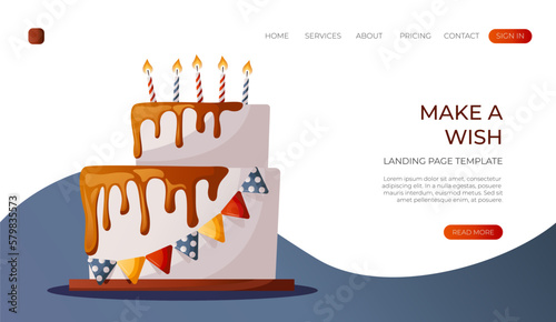 Landing page with festive cake with burning candles, melted chocolate glaze icing and flags decoration. Birthday party, celebration, holiday, event, bakery, tasty food concept. Vector for banner, web