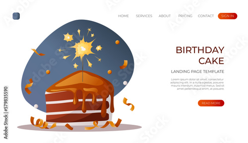 Landing page with piece of cake with melted chocolate glaze icing , burning sparkler. Cheesecake slice. Birthday party, celebration, holiday, event, bakery, tasty food concept. Vector for banner, web