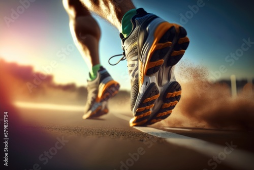 Runner athlete running at sunrise. Close-up view. Generative AI
