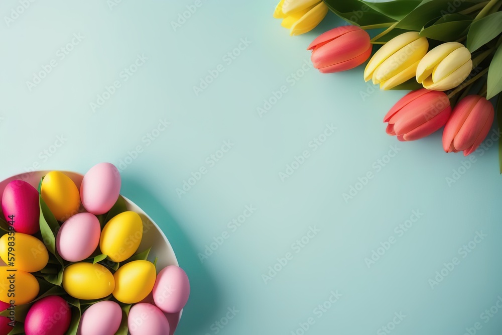 Colorful background of colored Easter eggs, Generative AI.