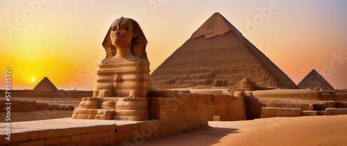 Monumental sculpture of the Sphinx and the great pyramids in the background  Giza Plateau  Egypt. Generative AI.