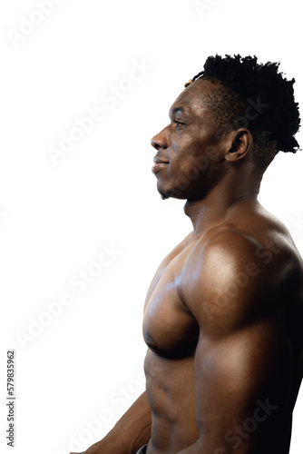 Face profile of a muscular 20s black male on a transparent background