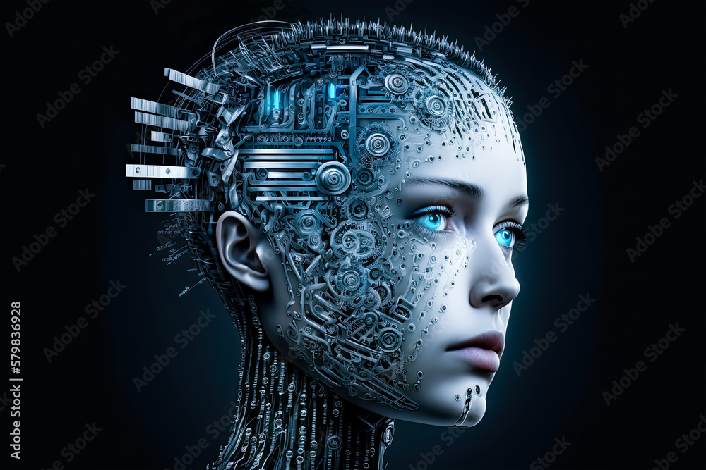 Obraz premium &nbsp;Artificial intelligence in the humanoid head. Artificial Intelligence, Robotics, Technology, Innovation, Science, Futuristic, Cyborg, Machine, Robotic, Future, Generative Ai, Digital, Concept.