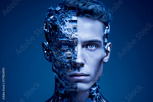  Artificial intelligence in the humanoid head. Artificial Intelligence, Robotics, Technology, Innovation, Science, Futuristic, Cyborg, Machine, Robotic, Future, Generative Ai, Digital, Concept. photo