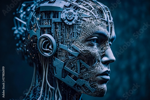  Artificial intelligence in the humanoid head. Artificial Intelligence, Robotics, Technology, Innovation, Science, Futuristic, Cyborg, Machine, Robotic, Future, Generative Ai, Digital, Concept.