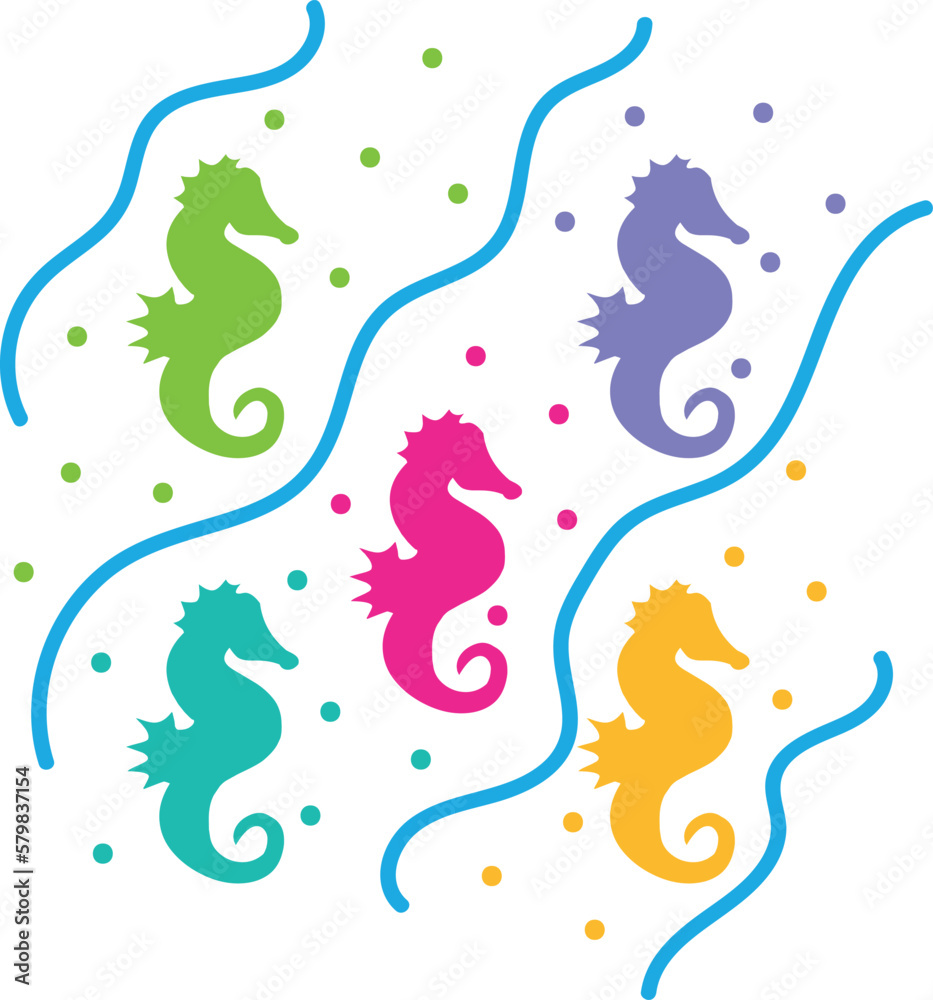 polka dots, bubbles and colorful seahorses drawing, vector