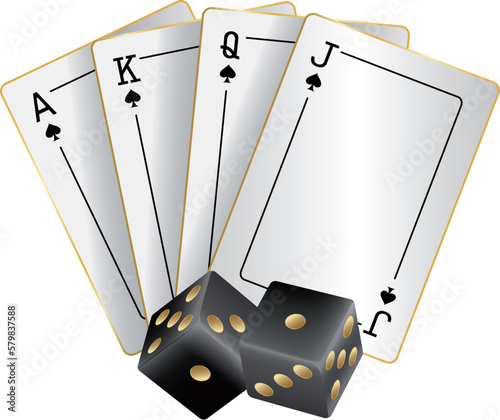 white playing cards with gold frame, ace, queen, jack, king. black dice