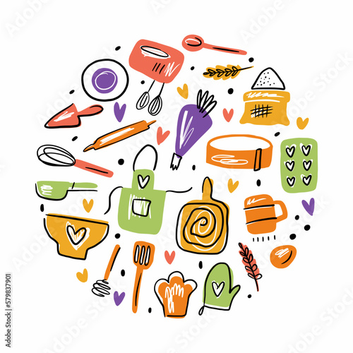 Vector round pattern with kitchen and confectionery accessories, hand-drawn in doodle style