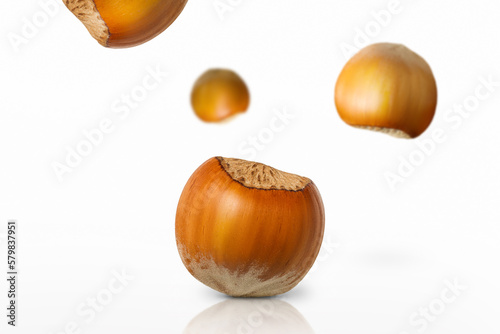 Hazelnuts frozen in the air on a white background. Creative concept of food levitation.
