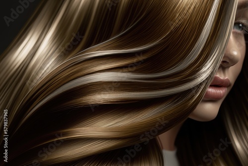 Beautiful healthy shiny hair texture with highlighted golden streaks. AI Generation