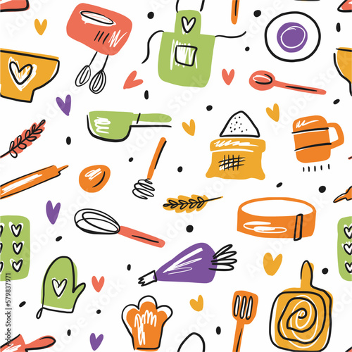 Vector pattern with kitchen and confectionery accessories, hand-drawn in doodle style